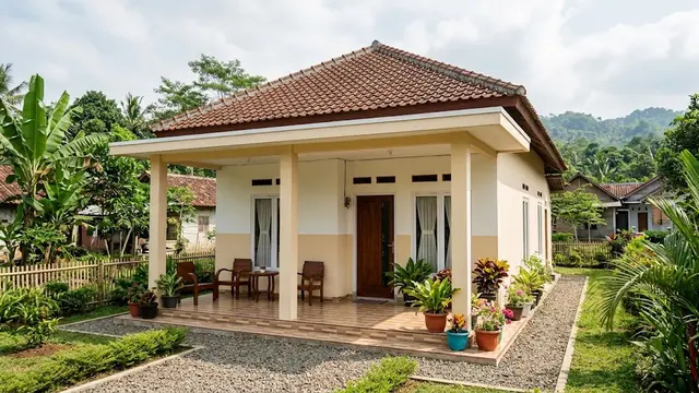 Rumah Desa dengan Teras Lebar dan Tiang Sederhana