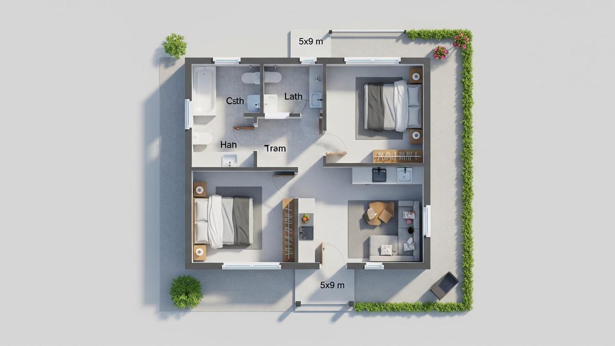 7 Denah Rumah 5x9 dengan 2 Kamar Tidur yang Fungsional dan Modern