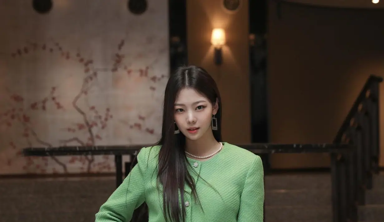 Penampilan manis Min Ji mengenakan set outfit berwarna hijau. Set yang dipilih Min Ji ini terdiri dari atasan lengan panjang yang serasi dengan celana pendeknya, sama-sama berwarna hijau. [Foto: Instagram/joymingzi_]