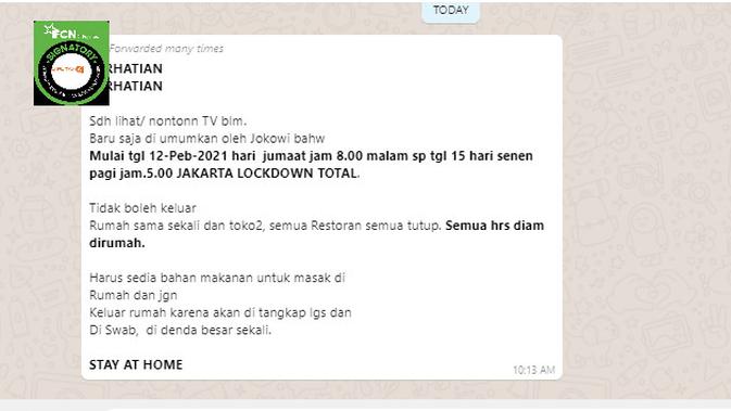 Cek Fakta Liputan6.com menelusuri informasi Jakarta akan menerapkan lockdown pada 12 hingga 15 Februari 2021