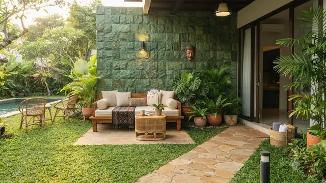 Model Teras dengan Kombinasi Batu Alam dan Rumput Gajah Mini