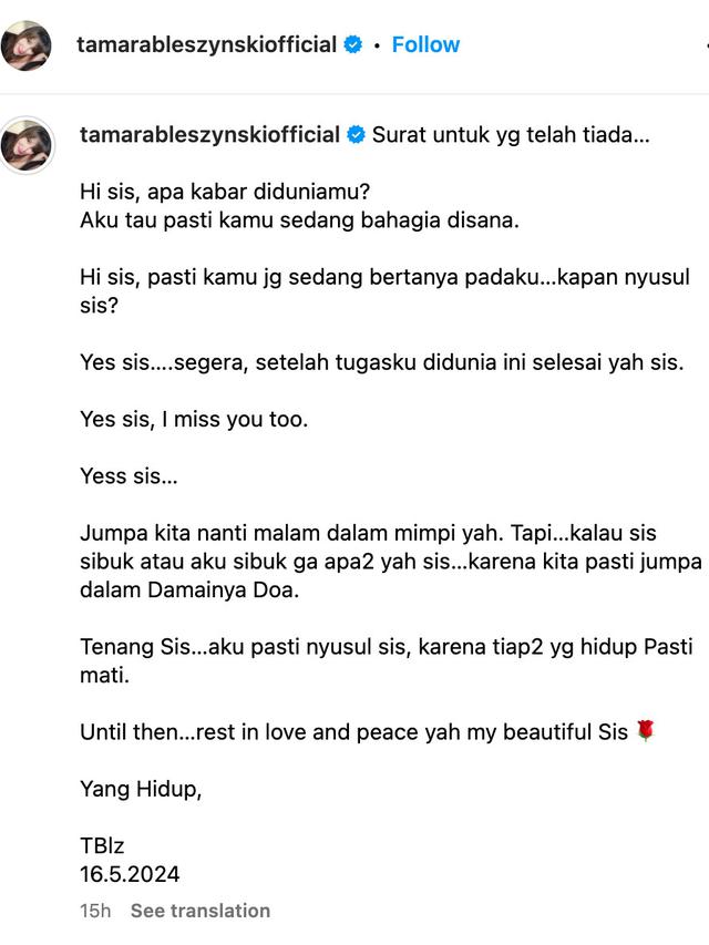 Unggahan Tamara Bleszynski. (Foto: Dok. Instagram @tamarableszynskiofficial)