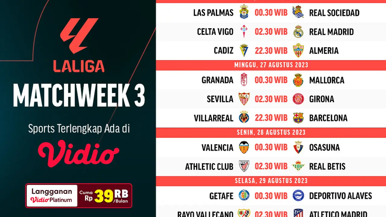 Jadwal dan Live Streaming Liga Spanyol 2023/2024 Matchday 3 di Vidio