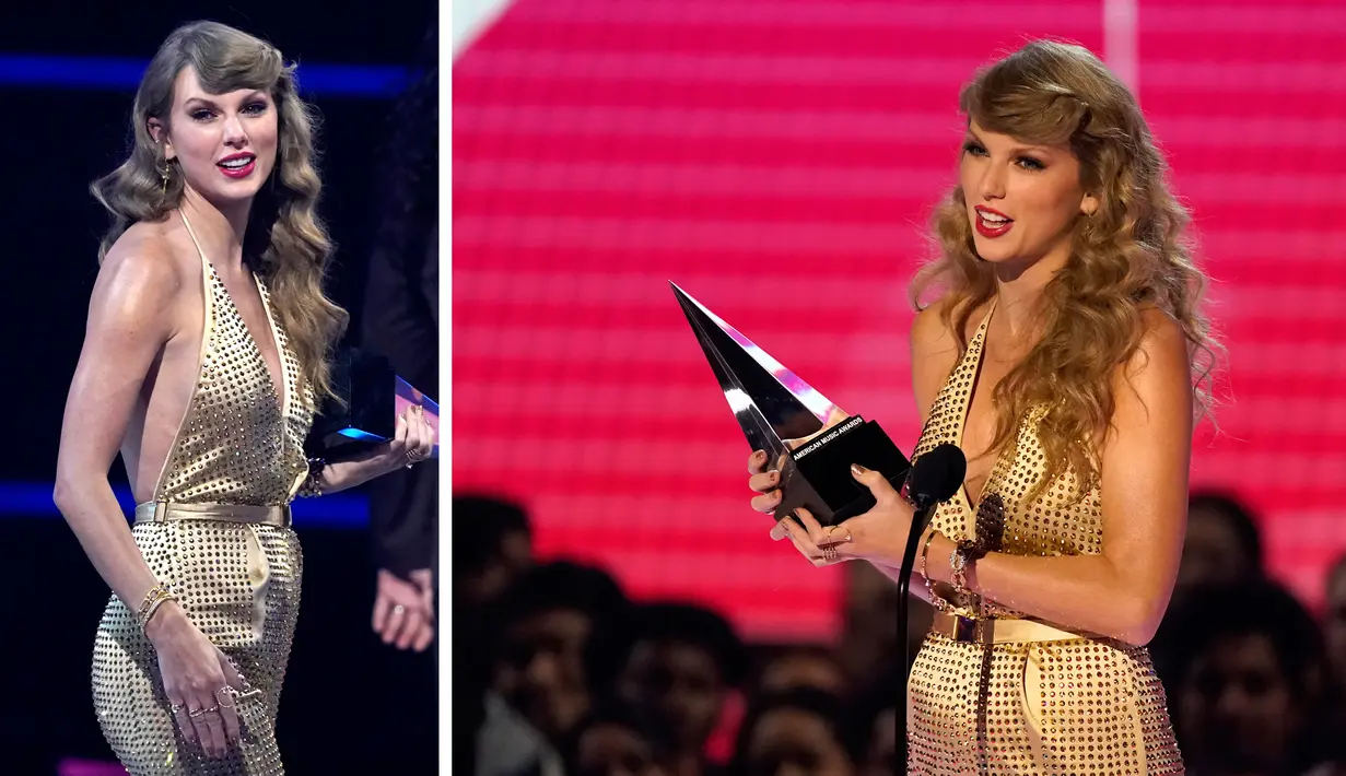 Foto kolase Taylor Swift saat menerima penghargaan untuk album pop favorit untuk "Red (Taylor's Version)" di American Music Awards di Microsoft Theater di Los Angeles pada Minggu, 20 November 2022. (AP Photo/Chris Pizzello)