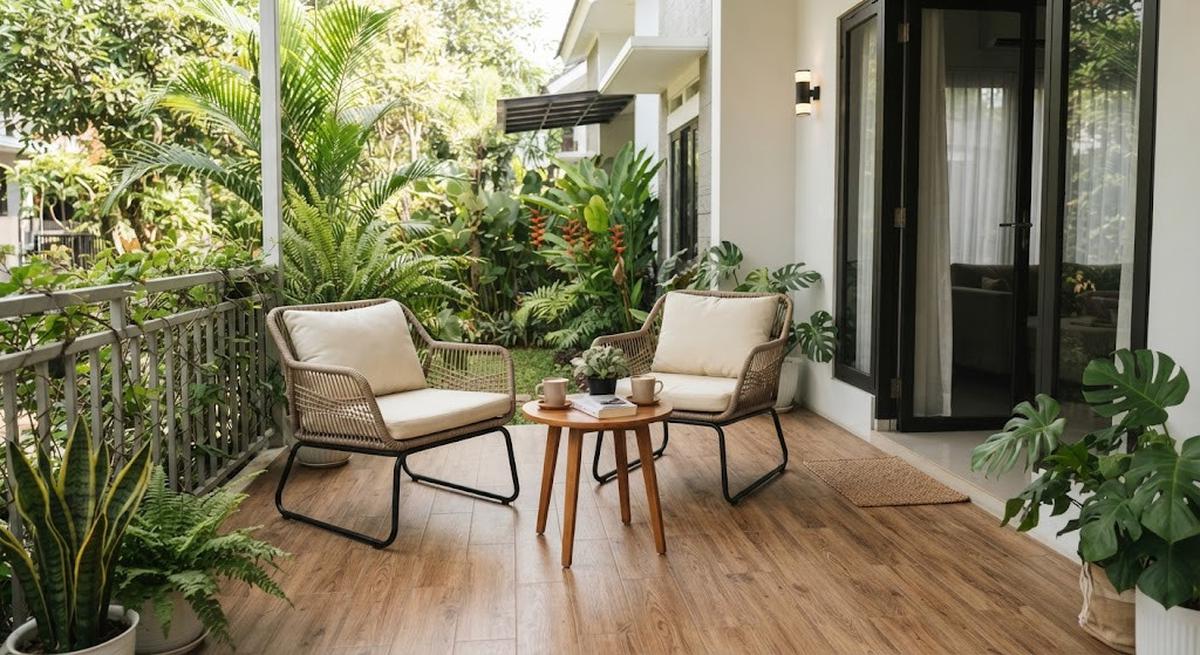 Model teras minimalis dengan lantai motif kayu yang cocok untuk rumah masa kini dengan meja kecil