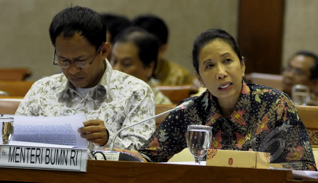 Menteri BUMN Rini Soemarno (kanan) saat mengikuti rapat dengar pendapat dengan anggota Komisi VI di Senayan, Jakarta, Senin (6/4/2015). Rapat ini membahas tentang dana desa.(Liputan6.com/Andrian M Tunay)