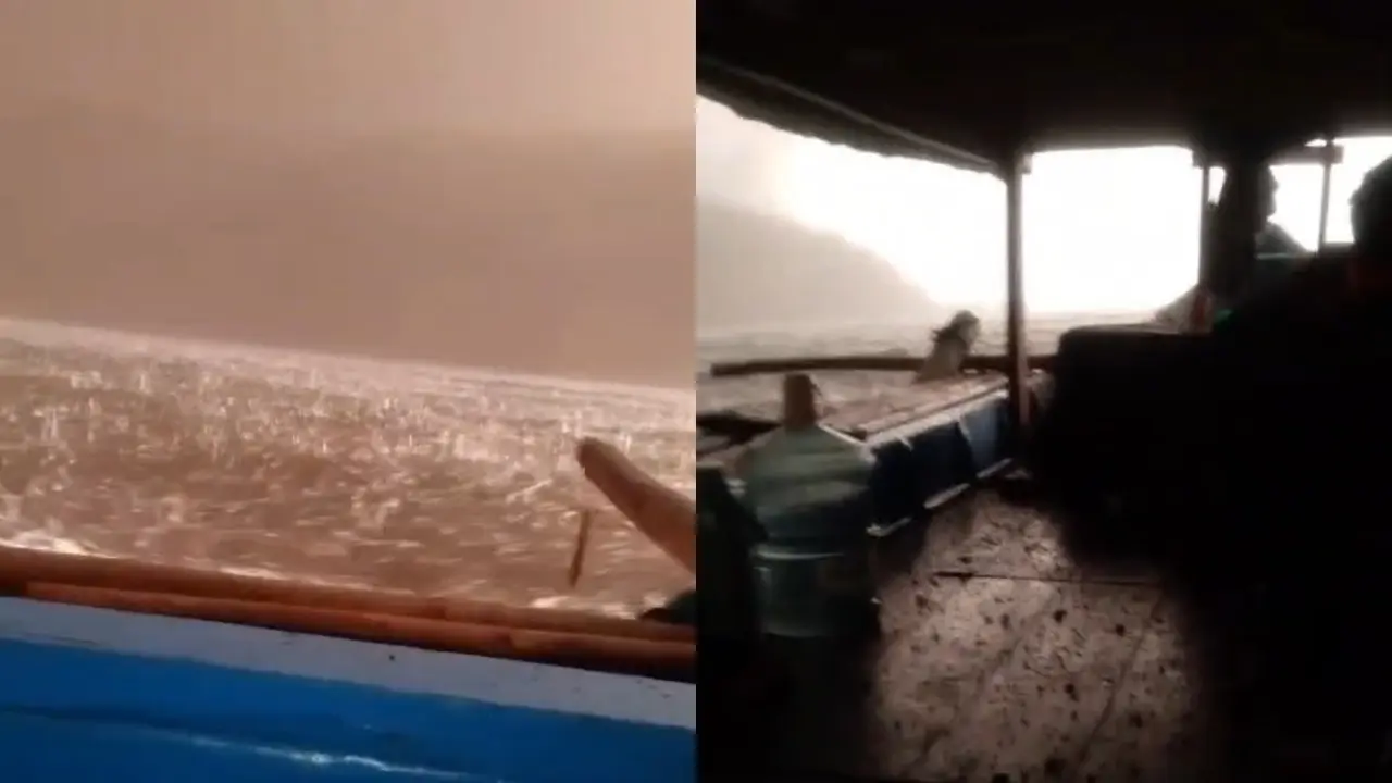 Tangkapan layar video amatir kapal nelayan dihujani material vulkanik berupa batu-batu kecil yang terlontar dari aktivitas erupsi. (Liputan6.com/Istimewa).
