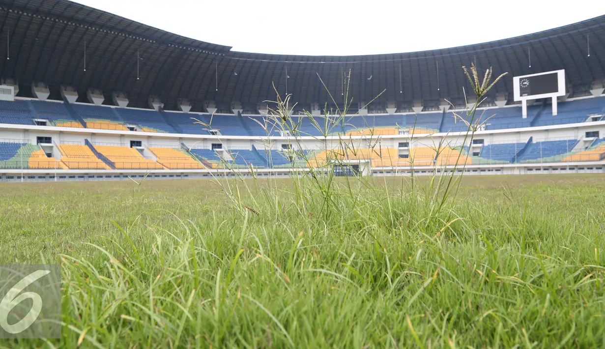 Jarang digunakan, rumput Stadion Gedebage mulai meninggi, Bandung, Rabu (10/6/2015). Penyidik Dirtipidkor Polri dan sejumlah tenaga ahli mengecek fisik stadion dalam kasus korupsi pembangunan Stadion Gedebage (Liputan6.com/Awan Harinto)