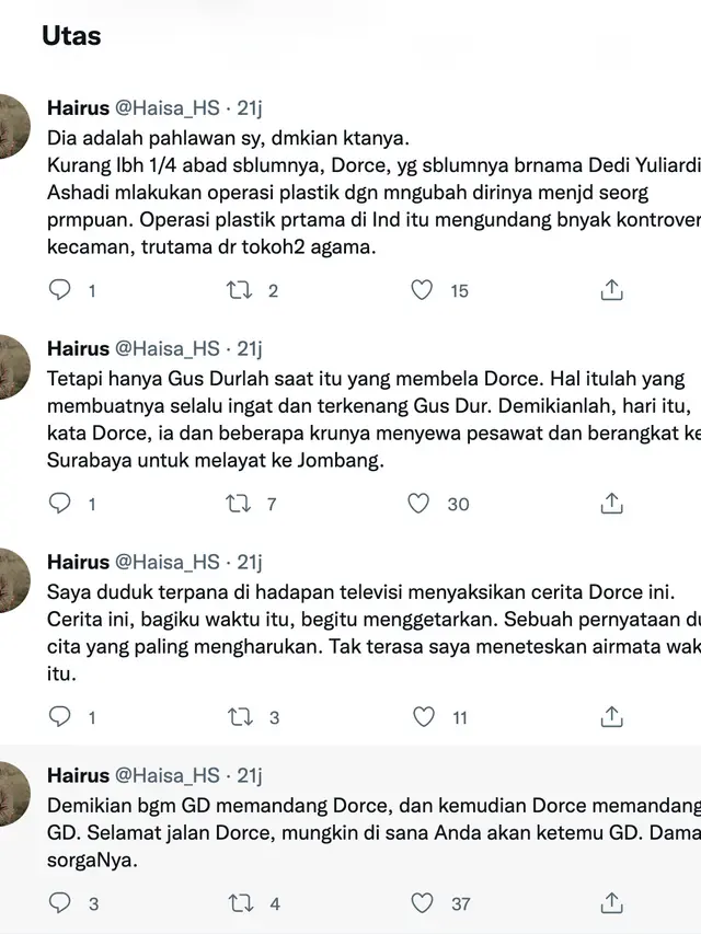Utas Hairus Salim tentang Gus Dur dan Dorce Gamalama. (Foto: Dok. Twitter @Haisa_HS)