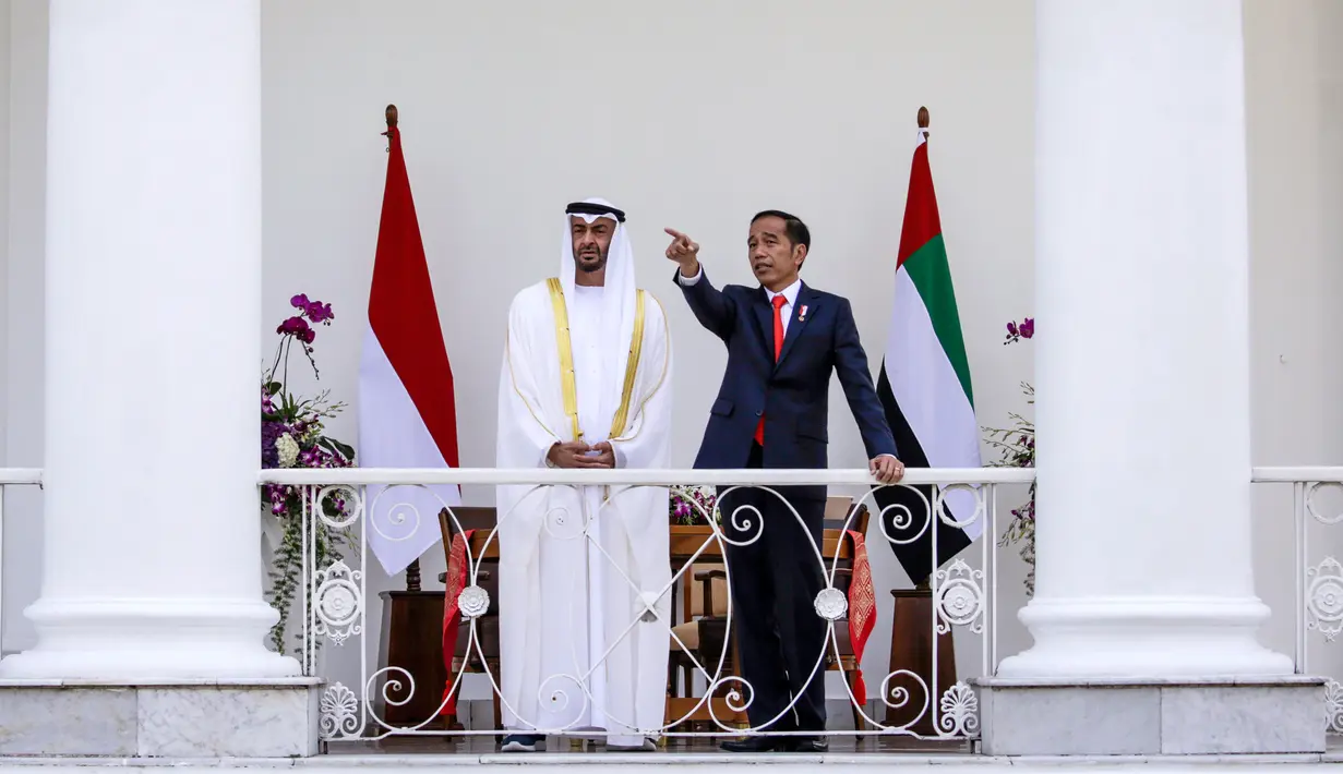 Presiden Joko Widodo (Jokowi) berbincang dengan Putra Mahkota Abu Dhabi, Sheikh Mohamed Bin Zayed Al Nahyan di beranda Istana Bogor, Kamis (24/7/2019). Keduanya menggelar pertemuan bilateral guna membahas sejumlah kerja sama. (Willy Kurniawan/Pool Photo via AP)