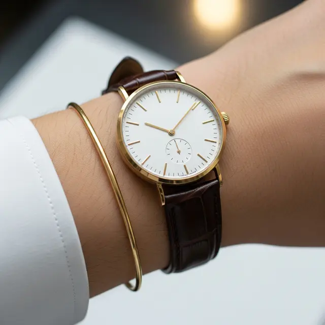 Kombinasi Gelang Emas Tipis dan Jam Tangan Klasik