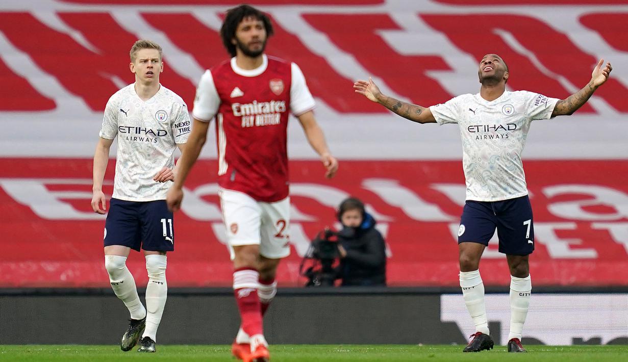 Gelandang Manchester City, Raheem Sterling selalu mencetak gol dalam 4 pertemuan terahir dengan Arsenal di Liga Inggris. (Foto: AFP/Pool/John Walton)
