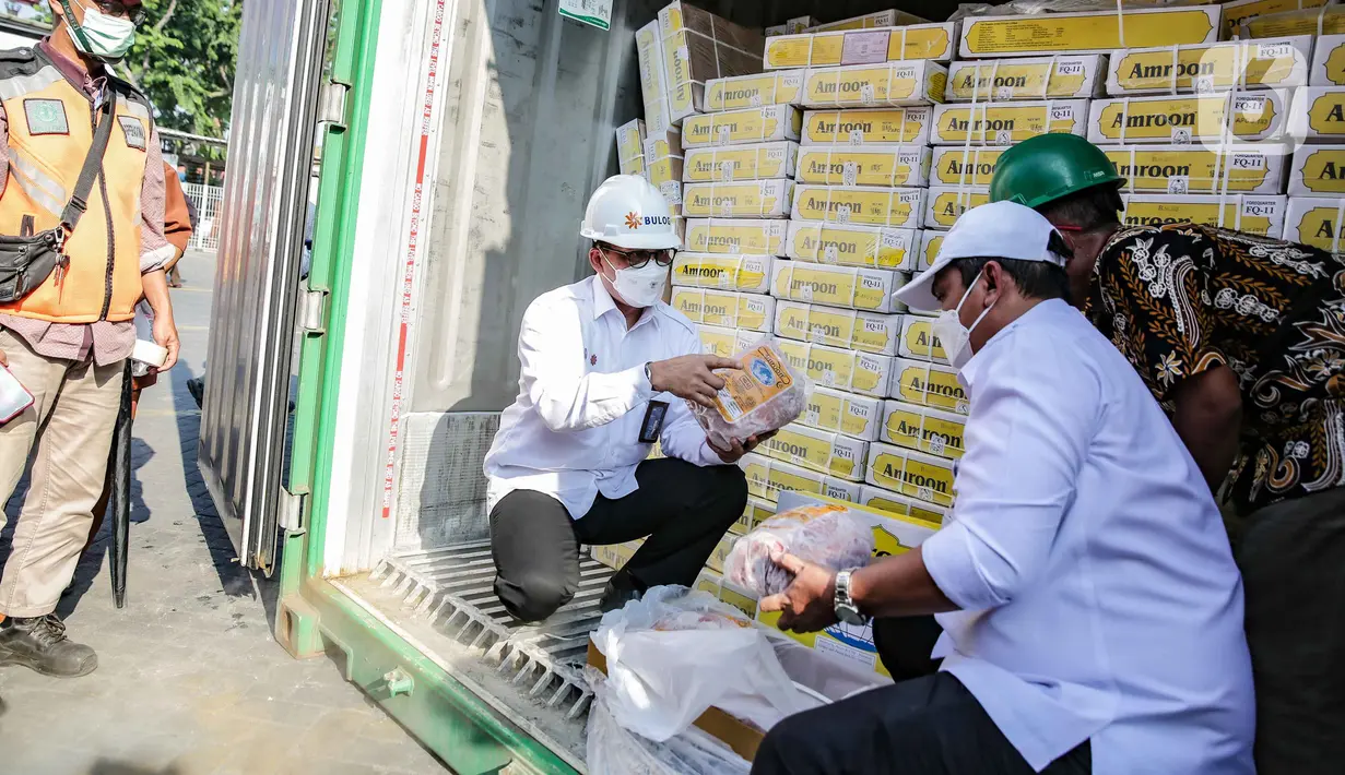Dirut Bulog Budi Waseso meninjau daging kerbau impor di Terminal Petikemas Tanjung Priok, Jakarta, Kamis (14/4/2022). Perum Bulog mengimpor daging kerbau beku sebanyak 100.000 ton pada 2022 yang digunakan untuk alternatif pilihan bagi konsumen saat Ramadan dan Idul Fitri (Liputan6.com/Faizal Fanani)