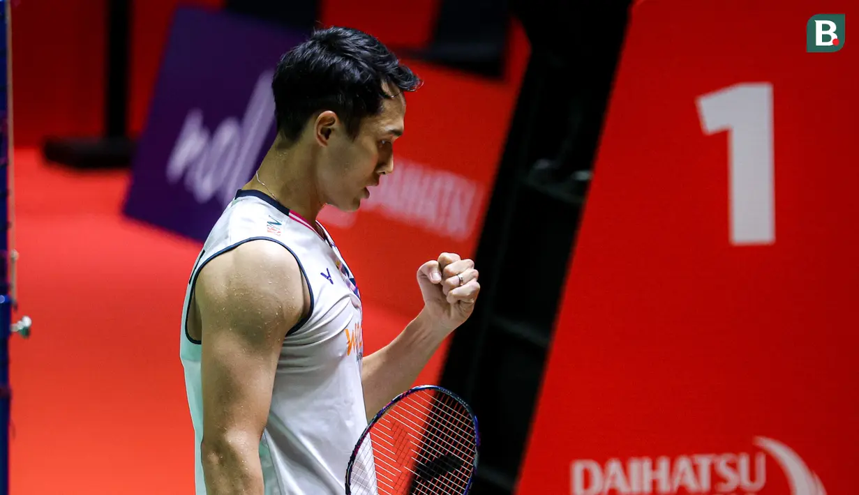 <p>Pebulu tangkis tunggal putra Indonesia, Jonatan Christie merayakan poinnya dari wakil Jepang, Kenta Nishimoto pada laga perempat final Indonesia Masters 2025 di Istora Senayan, Jakarta, Jumat (24/01/2025). (Bola.com/Bagaskara Lazuardi)</p>