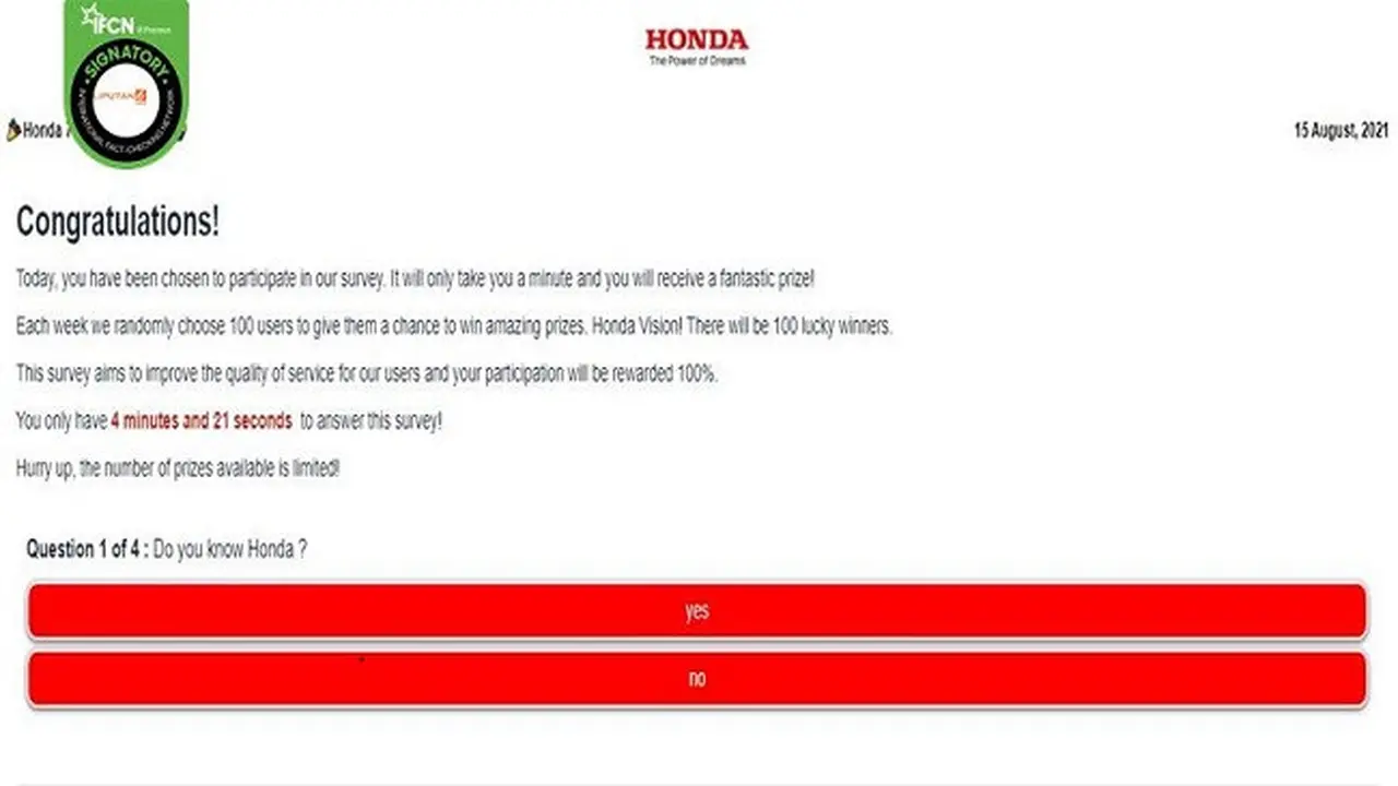 Gambar Tangkapan Layar Kabar Hoaks Honda Bagi-bagi Hadiah Rayakan HUT ke-70.