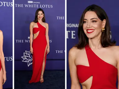 Foto kolase Aubrey Plaza saat menghadiri Premiere Musim 2 Los Angeles Seri Asli HBO "The White Lotus" di Goya Studios di Los Angeles, California pada 20 Oktober 2022. (AP Photo/Chris Pizzello)
