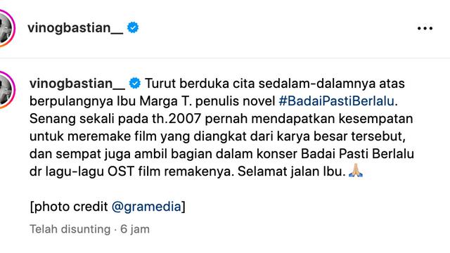 Ungkapan dukacita Vino G. Bastian atas meninggalnya Marga T. (Foto: Dok. Instagram @vinogbastian__)