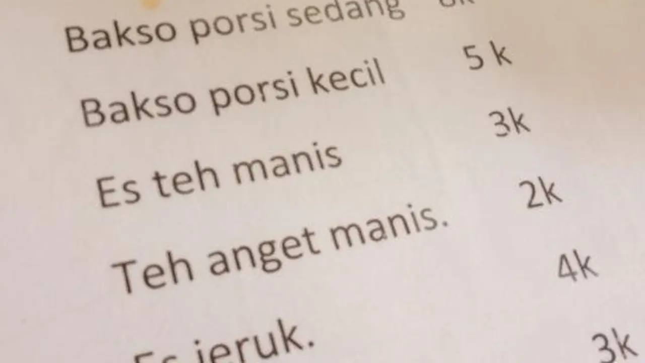 Harga Menu menggunakan akhiran "K"
