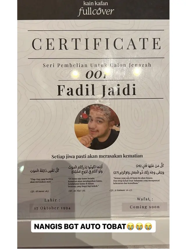 6 Potret Fadil Jaidi Terima Endorse Kain Kafan, Dapat Sertifikat Calon Jenazah