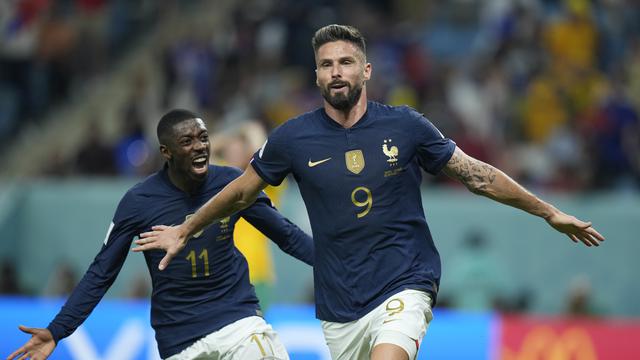 Selebrasi Olivier Giroud setelah membobol gawang Australia