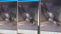 Detik mendebarkan wanita terjatuh ke lubang sebelum naik eskalator di Stasiun Shenzen, tenggara China. (Pear Video)