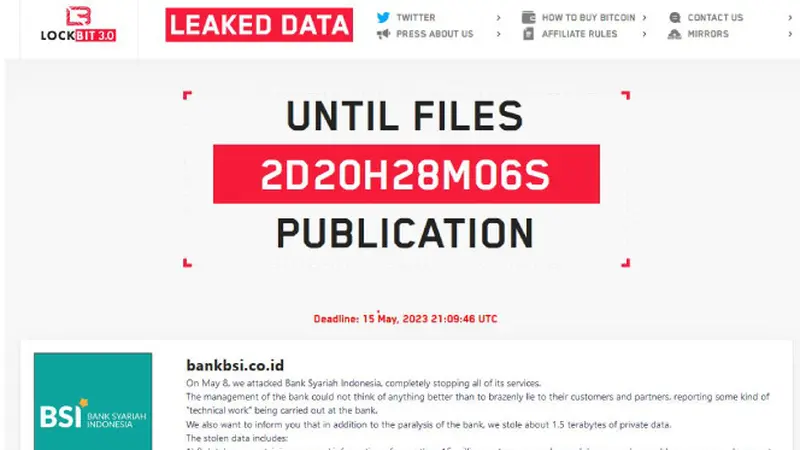 Ransomware LockBit mencuri dan menyandera data BSI. Credit: Twitter @secgron