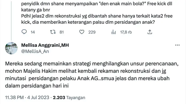 Unggahan pengacara David Ozora soal kebohongan Mario Dandy. (Foto: Dok. Twitter @MellisA_An)