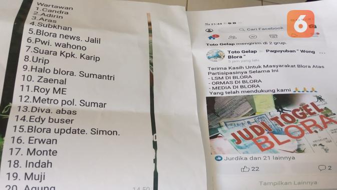 Sebuah akun anonim di media sosial menyebarkan berita bohong alias hoaks soal ada 20 orang yang terdiri dari wartawan dan para pegiat medsos telah menerima jatah bulanan dari bandar togel di Blora. (Liputan6.com/ Ahmad Adirin)