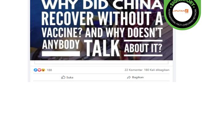 Tidak benar China Pulih dari Covid-19 Tanpa Vaksin. (Facebook)