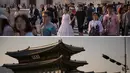 Pejalan kaki menyeberang jalan di luar Istana Gyeongbokgung di Seoul pada 3 Mei 2017 (atas) dan pada 6 Maret 2020. (Ed JONES/AFP)