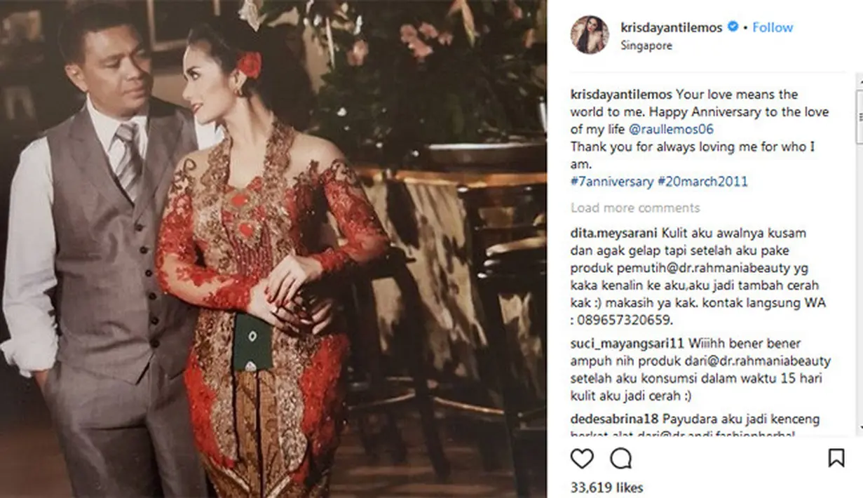 “Cintamu adalah duniaku. Happy Anniversary untuk cinta dalam hidupku @raullemos06. Terima kasih untuk terus mencintaiku apa adanya. #7anniversary #20march2011,” tulis Krisdayanti. (Instagram/krisdayantilemos)