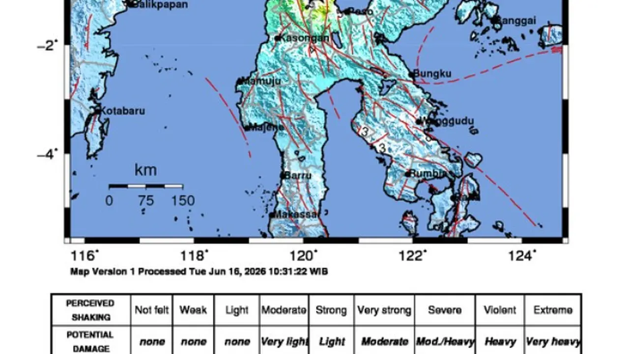 Gempa bumi dengan magnitudo 6,7 mengguncang wilayah Tenggara Palu, Sulawesi Tengah, pada Selasa (16/6/2026). (Dok. BMKG)