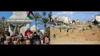 Foto kombinasi yang dibuat pada 23 September 2024 ini menunjukkan para demonstran Palestina yang menghadiri protes terhadap pemukim Yahudi yang menggusur keluarga-keluarga Palestina di distrik Sheikh Jarrah, Yerusalem, di Alun-alun Tentara Tak Dikenal di Kota Gaza, 16 Februari 2022 (foto kiri) dan alun-alun yang dihancurkan pada 22 September 2024 di tengah-tengah perang yang tengah berlangsung di wilayah Palestina antara Israel dan Hamas. (MOHAMMED ABED dan Omar AL-QATTAA/AFP)