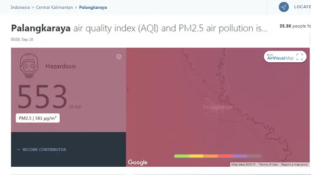 Kualitas udara di Palangkaraya, Kalimantan Tengah dinyatakan sangat bahaya hari ini, Senin (16/9/2019).