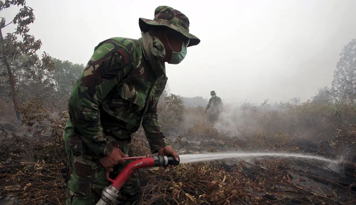 Seorang anggota TNI menyemprotkan air ke lahan gambut yang terbakar di Kampar, Riau, Jumat (11/9/2015). Sekitar 10.000 anggota TNI diterjunkan untuk membantu memadamkan kebakaran lahan yang terjadi di Sumatera. (REUTERS/YT Haryono)
