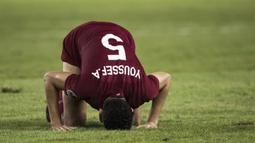 Bek Qatar, Yousef Aymen, merayakan kemenangan atas Thailand pada laga Piala AFC U-19 di SUGBK, Jakarta, Minggu (28/10). Qatar menang 7-3 atas Thailand. (Bola.com/Vitalis Yogi Trisna)