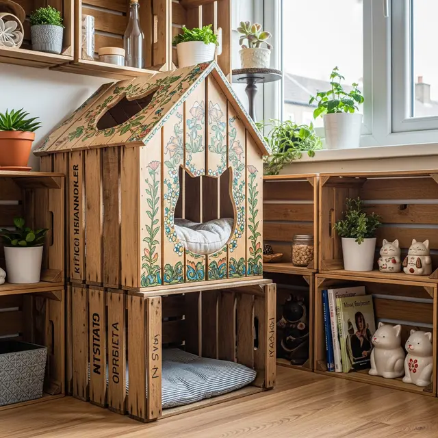 Ide Rumah Kucing dari Peti Kayu Bekas (AI Generated)