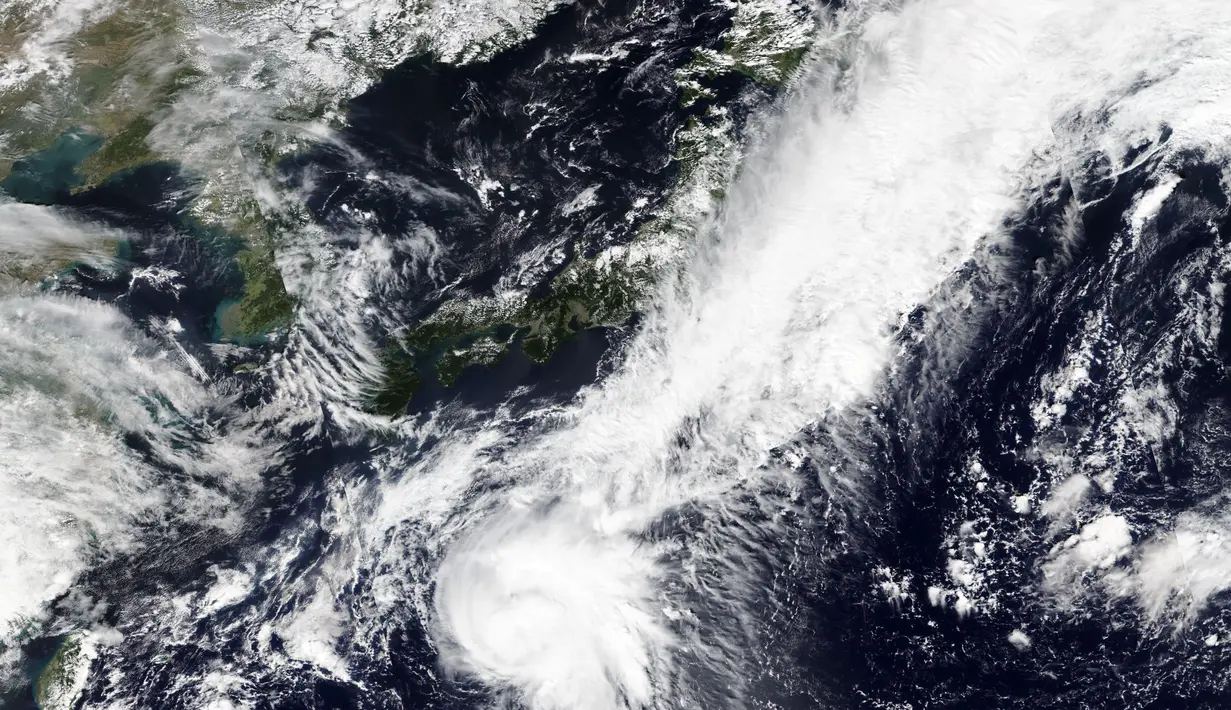 Citra satelit yang dirilis oleh NASA Worldview, Sistem Data dan Informasi Sistem Pengamatan Bumi (EOSDIS) menunjukkan Badai Tropis bergerak ke utara menuju pantai Pasifik Jepang, Selasa (22/9/2020). Badan Meteorologi Jepang melaporkan bahwa badai bisa mencapai Jepang akhir pekan ini.  (NASA via AP)