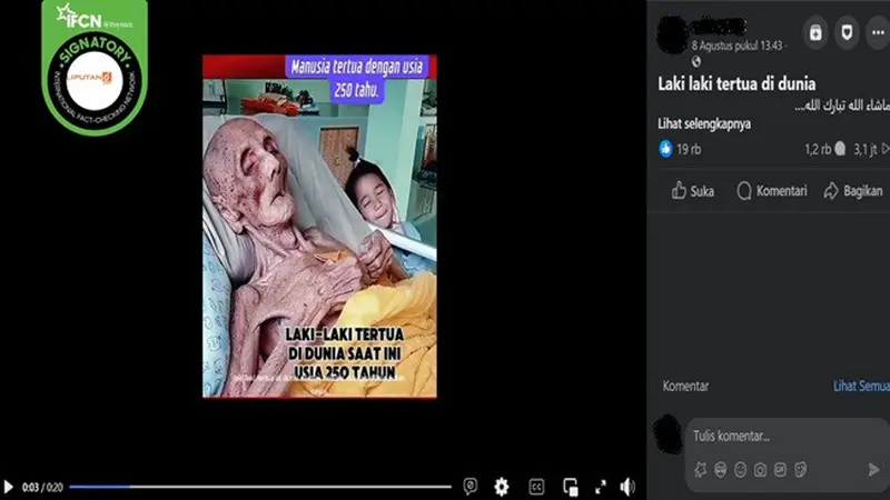 Gambar tangkapan layar video yang diklaim seorang laki-laki tertua di dunia berusia 250 tahun. (sumber: Facebook)