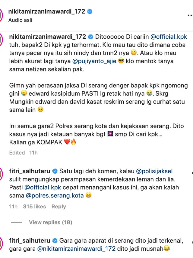 Unggahan Nikita Mirzani soal Dito Mahendra. (Foto: Dok. Instagram @nikitamirzanimawardi_172)