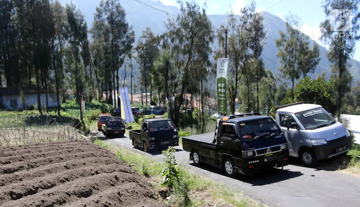 Peserta Komunitas Eltitusi (Mitsubhisi L300) mengikuti tour mengelilingi kawasan Gunung Bromo, Jawa Timur, Minggu (8/7). Kegiatan ini merupakan bagian dari kampanye Michelin4Indonesia. (Liputan6.com/Arya Manggala)