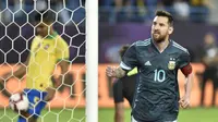 Bintang Argentina Lionel Messi merayakan gol pada uji coba melawan Brasil di King Saud University Stadium, Jumat (15/11/2019) atau Sabtu dini hari WIB. (AP Photo)