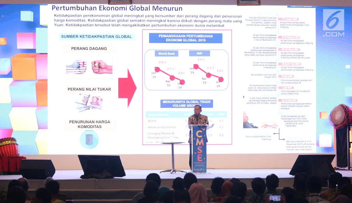 Menko Perekonomian Darmin Nasution memberi sambutan saat CMSE 2019, Jakarta, Jumat (23/8/2019). Peran ini termasuk di dalamnya upaya mengedukasi masyarakat dalam rangka meningkatkan pertumbuhan ekonomi dan pemerataan. (Liputan6.com/Angga Yuniar)