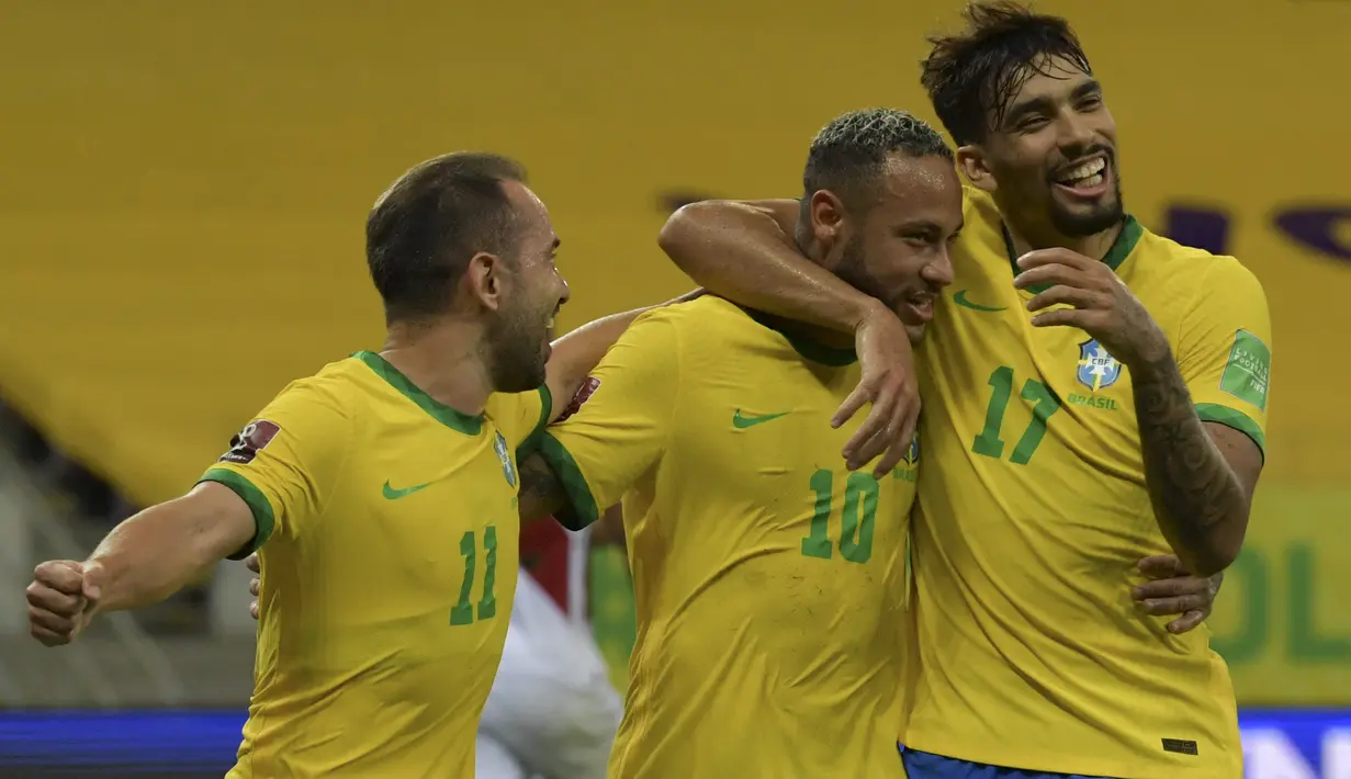 Brasil kembali memetik 3 poin usai mengalahkan Peru 2-0 dalam laga Kualifikasi Piala Dunia 2022 Zona Conmebol di Pernambuco Arena, Brasil, Jumat (10/9/2021) pagi WIB. Bintang Brasil, Neymar menyumbang 1 gol dan 1 assist dalam laga tersebut. (Foto: AFP/Nelson Almeida)