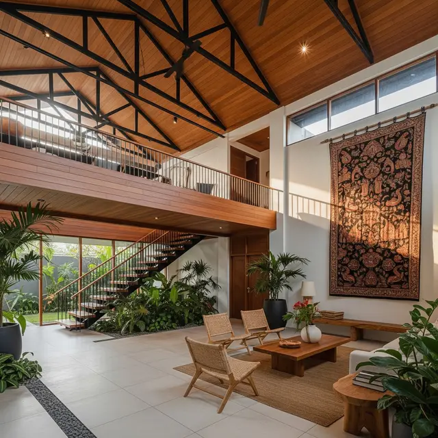 Model Rumah Mezzanine Atap Tinggi dengan Plafon Ekspos