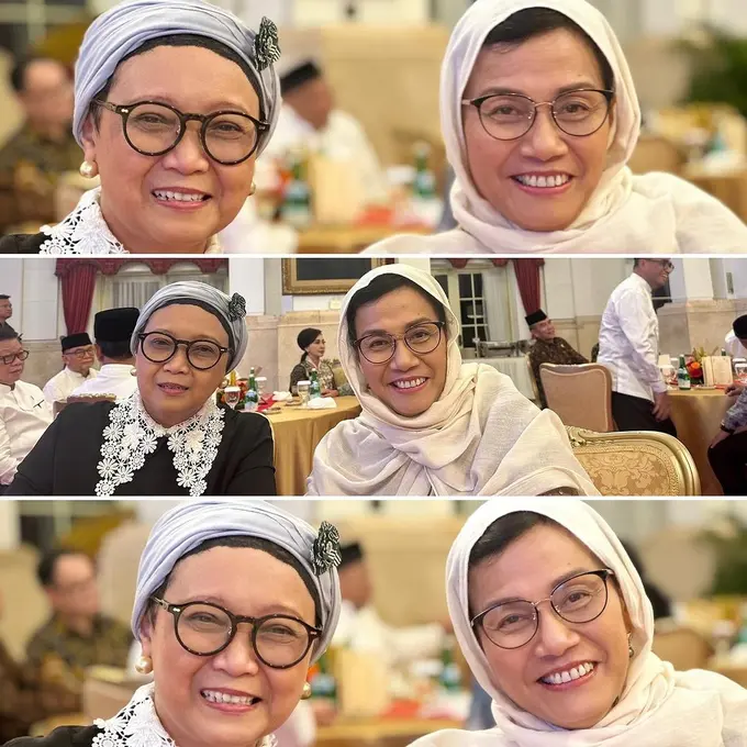 Gaya Retno Marsudi dan Sri Mulyani Hadiri Acara Bukber Presiden Jokowi,  Dua Bestie Kompak Kenakan Turban dan Kerudung