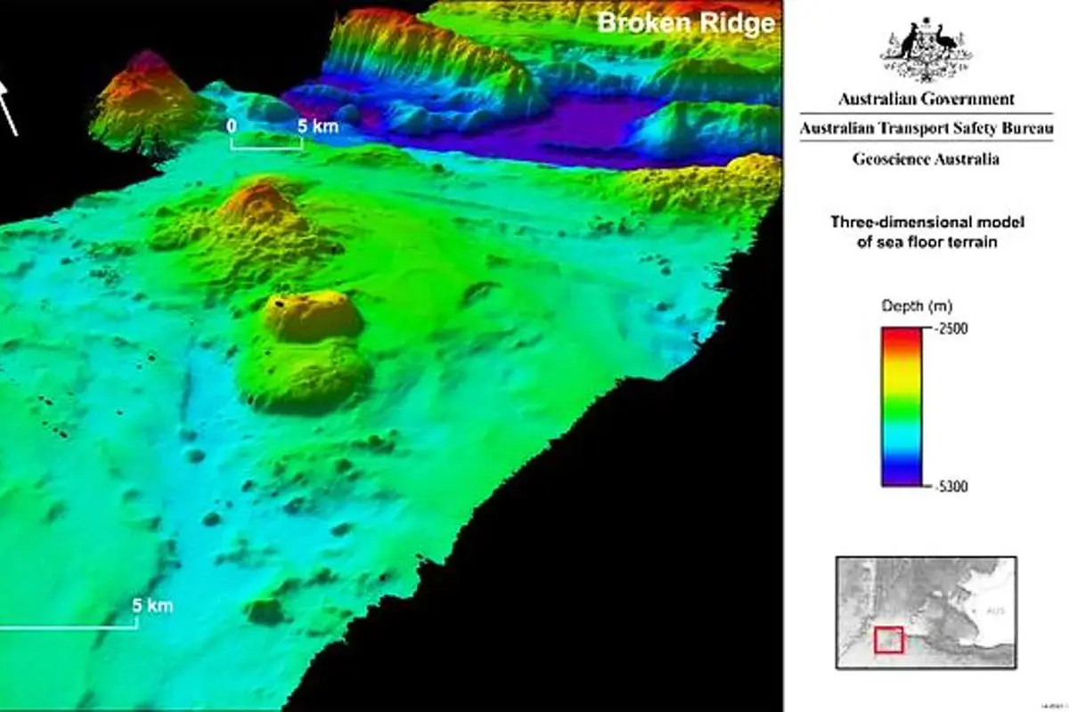 Gambar 3 dimensi dasar laut Samudera Hindia, titik pencarian MH370