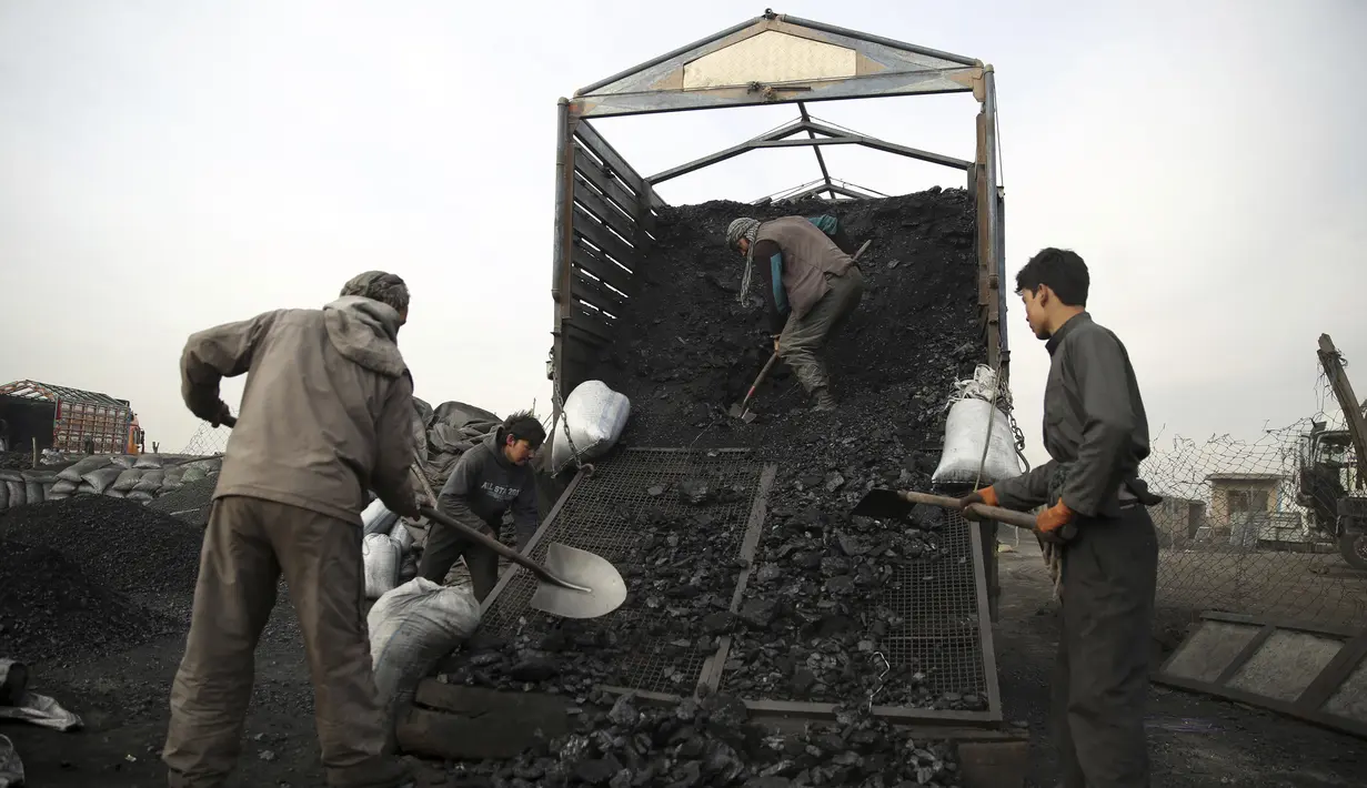 Sejumlah buruh Afghanistan menurunkan arang dari truk saat bekerja di pasar arang di pinggiran Kabul, Afghanistan (18/12/2019). Di musim dingin, harga kayu dan arang naik di antara semua kebutuhan lain untuk warga Afghanistan. (AP Photo / Rahmat Gul)