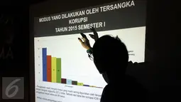 Peneliti ICW, Wana Alamsyah menunjukkan grafik modus yang dilakukan tersangka korupsi pada 2015 semester I di Jakarta, Senin (14/9/2015). ICW mengungkap, kinerja penyidikan kasus korupsi semester I 2015 menurun. (Liputan6.com/Helmi Fithriansyah)