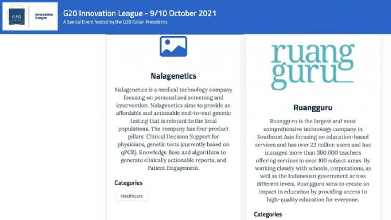 Nalagenetics dan Ruangguru Raih G20 Innovation League 2021